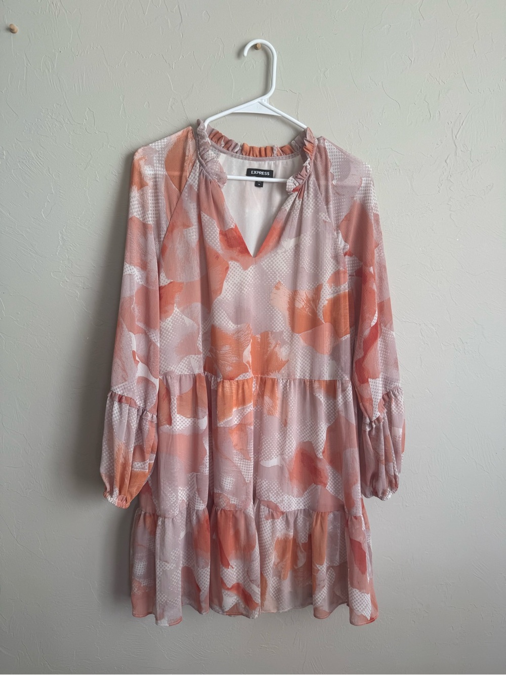 Express Blush Peach Floral Tiered Long-Sleeve Dress